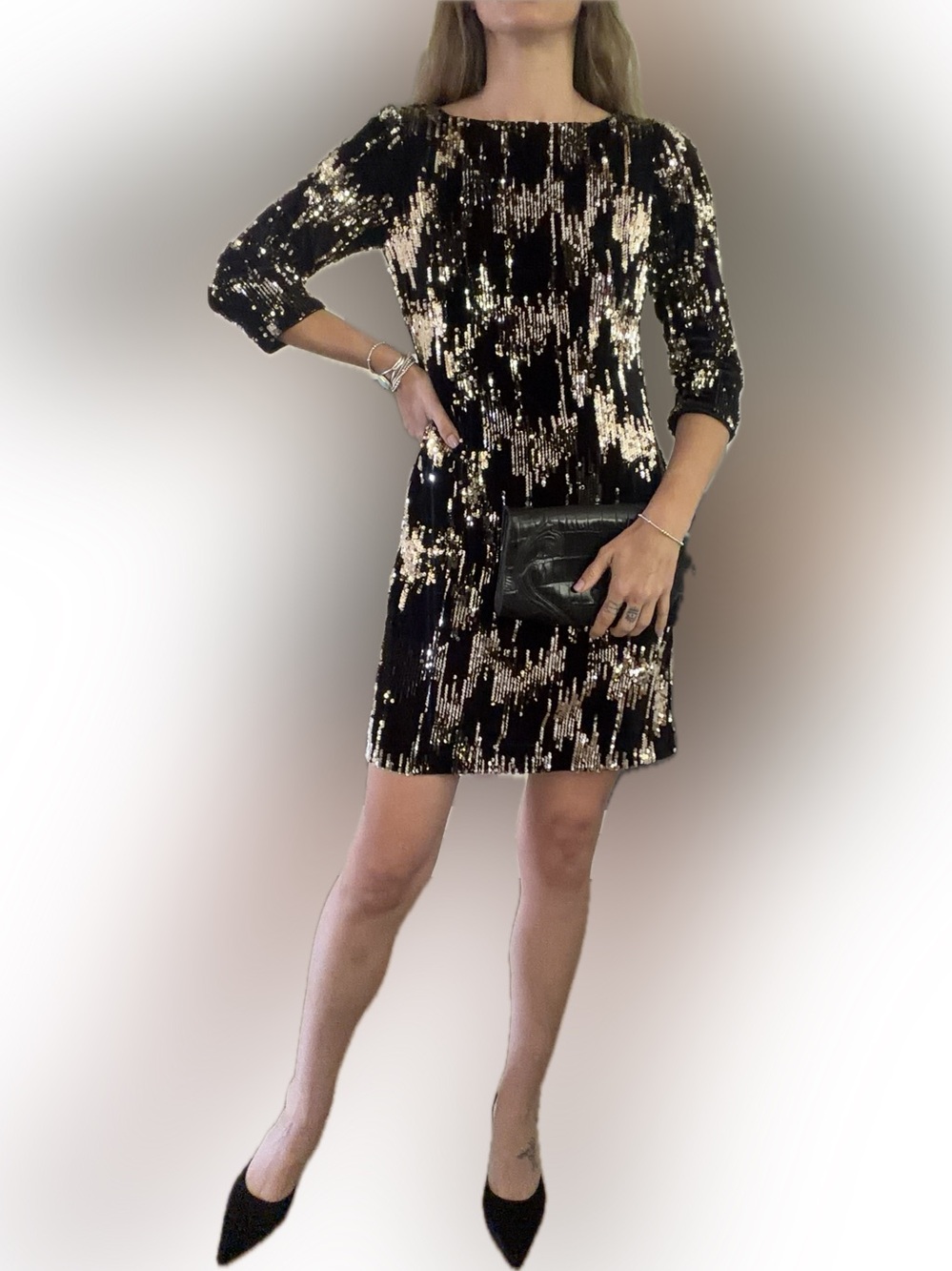 Eliza J Black and Gold Sequin Shift Dress